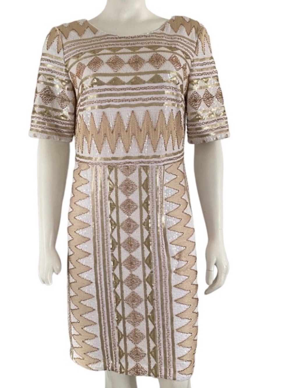 Laundry By Shelli Segal Beige and White Sequin Geo Shift Dress